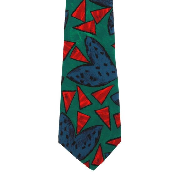BILL ROBIN SON Vintage 80s Retro Memphis Style Green Red Blue Men's Silk Tie - Picture 2 of 3